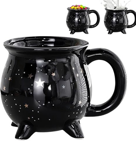 MeYuxg Taza de café con estrellas, caldero de bruja de 350 ml, taza de cerámica negra, taza de Halloween, taza de café personalizada de cuatro patas, tazas divertidas para té, zumo, café