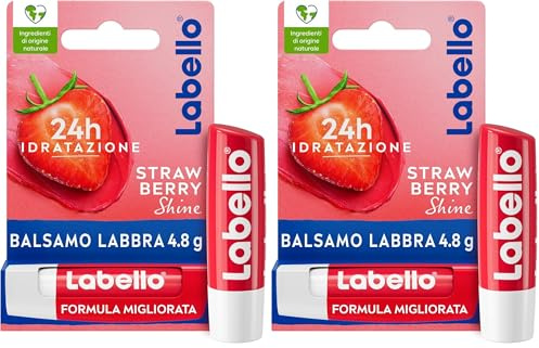 Labello Strawberry Shine Burrocacao labbra 4.8 g, Balsamo labbra colorato e nutriente all'aroma di fragola, Lip balm idratante per 24 ore con ingredienti naturali (Confezione da 2)