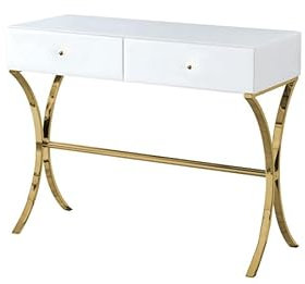 My Furniture Aurelia Console en Verre de sécurité Blanc renforcé/Bureau de Maquillage Moderne et élégant avec Deux tiroirs et Pieds incurvés en Laiton – pour Hall d'entrée, Salon et Chambre.