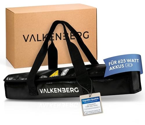 VALKENBERG Ebike Akku Tasche – Feuerfeste Box für Akkus mit Ladekabel Kabeldurchführung – E-Bike Akku Schutzhülle inkl. praktischer Trageschlaufe – Akkubox feuerfest perfekt für unterwegs in L
