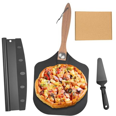 Welhammsae Set 4 Pale per Pizza Antiaderenti, Manico Legno con Gancio, Include Pala Alluminio, Tagliapizza Acciaio, Pala Formaggio, Scatola Cartone Kraft, Nero, Ideale per Pizze e Pane