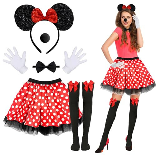 Xerteam 6 Pcs Mouse Costume for Girls Women, Cute Mini Mouse Fancy Dress Up Costume for Adult, Mouse Ears Headband+Red Tutu Skirt+Nose+Bow Tie+Gloves+Socks for Cosplay Halloween Dress up Party