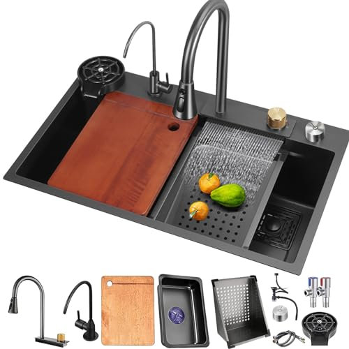 GAOBINGB Fregadero de Cocina en Cascada de un Seno con Grifo extraíble, Fregadero de Acero Inoxidable con lavaplatos (80 x 45 cm)