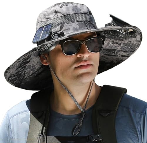 Wide Brim Solar Fan Hat,Fisherman Cap with 2 Solar Fan,Solar & Type-C Charging,3 Adjustable Wind Speeds,UV Protection Fishing Hat for Outdoor Activities-Ink Gray