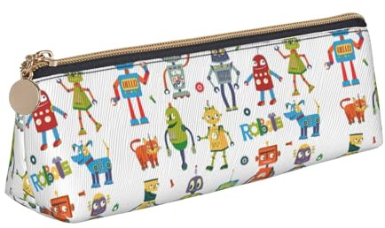 OAZCVBNN Federmäppchen aus Leder mit niedlichem Cartoon-Roboter-Druck, stilvolle Tasche, Schule, Reisen, Make-up, Organisation, leicht