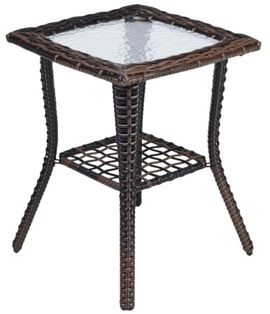 Bonnlo Mesa Auxiliar Exterior de ratán, Mesa balcón, Mesa Nevera jardín Exterior, con Tablero de Cristal, 46x46x57 cm (marrón)