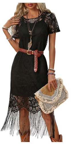 WDIRARA Women's Western Concert 2 Piece Outfits Short Sleeve Sheer Fringe Dress and Cami Dress Set Black Medium