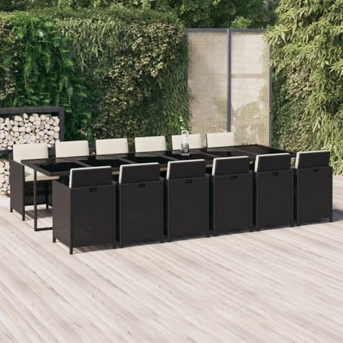 QJBSAVVA 13-TLG Schwarze Poly-Rattan Garten-Essgruppe 331x107x74 cm mit Klappstühlen, cremeweißen Kissen, Stahl-Untergestell, für Terrasse/Balkon/Camping