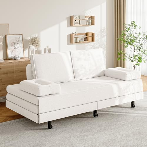 LLODERY Bodensofa Schlafsofa, Schlafsofa Klappbar mit Schlaffunktion, Sofa zum ausziehen, polsterbett mit Kissen, für Wohnzimmer, Schlafzimmer, Lounge, mit Rädern, Weiß, Leinen