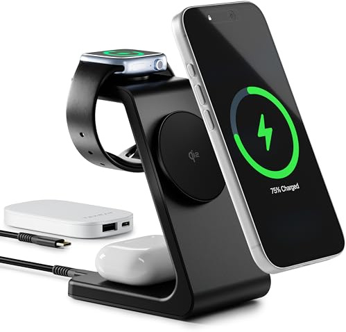 TEKRAT 3 in 1 Wireless Charging Station, Qi2 15W, 30W Adapter Included | MagSafe-Compatible iPhone Charger Stand, Apple Watch and AirPods Charging, 1m USB-C Cable Included, 2-Year Warranty