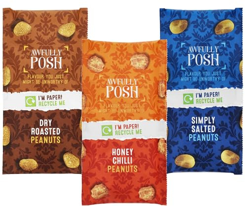 Awfully Posh Peanuts Variety Pack (18 x 50g) – 3 Flavours: Simply Salted, Dry Roasted, Honey Chilli. Fully Recyclable Paper Packaging, Plastic Free. Baked Healthy Snacks, High Protein, Mixed Nut Case