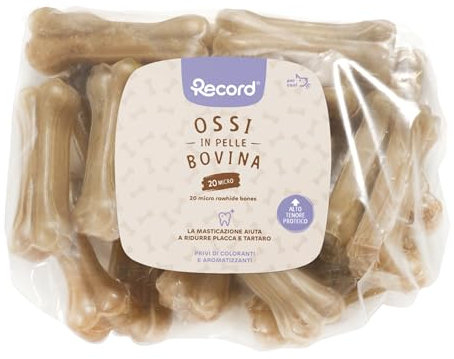 Record Micro ossi per Cani. Ossa per Cani in Pelle Bovina. Masticativi per Cani, Confezione da 20pz in plastica termoretratta. Misura XS 8cm di Lunghezza e 25g di Peso, per Cani di Taglia Piccola.