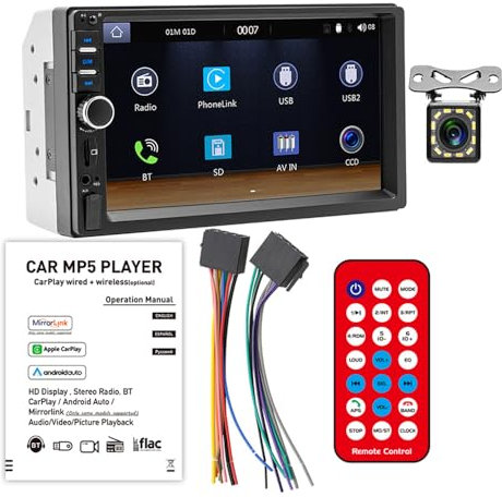 2 DIN Radio de Coche 12V Auto Audio, 7 Pantalla Táctil 1080P MP5 Reproductor Estéreo Mirror Link/SD/TF/USB/FM/Bluetooth/MP3/AUX in con Cámara de visión Trasera 7018B
