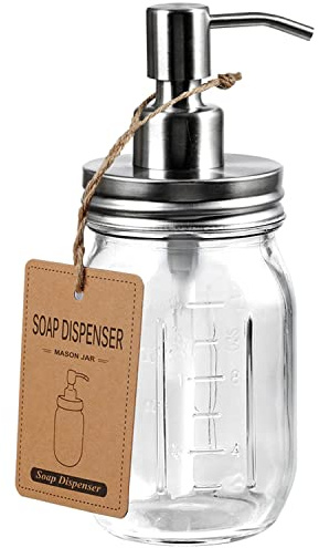 Amolliar Mason Jar Soap Dispensers, Rustproof Stainless Steel Lid & Pump, Refillable Wash Hand Soap for Bathroom & Kitchen, 16OZ Brushed Nickel