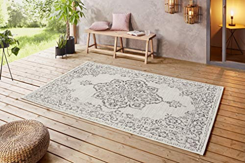 NORTHRUGS In-und Outdoor Teppich 160x230cm-Wetterfest Orientalisch Vintage-Design mit Medallion Läufer Terrassenteppich Balkonteppich Küchenläufer Badteppich Wohnzimmerteppich Wasserfest Tilos Creme