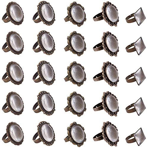 PandaHall Ringrohlinge Sets, 5 Stile 25 Stück Antike Bronze Runde Cabochon Ringe Einstellungen Fingerring Komponenten Eisen Cabochon Lünette Einstellungen mit 25 Stück Glascabochons