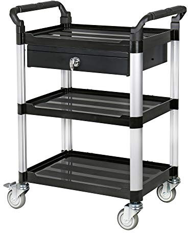 STIER Servierwagen, mit 3 Etagen und Schublade, LxBxH 750x460x925 mm, Tragfähigkeit 150 kg, 4 Lenkrollen, 2 Davon feststellbar, Etagenwagen, Schiebewagen, schwarz