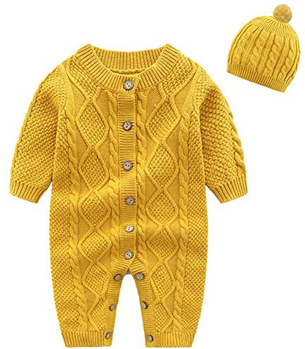 amropi Gestrickte Strampler Baby Mädchen Spieler und Mütze Strickanzug Schneeanzug Overalls Gelb,3-6 Monate