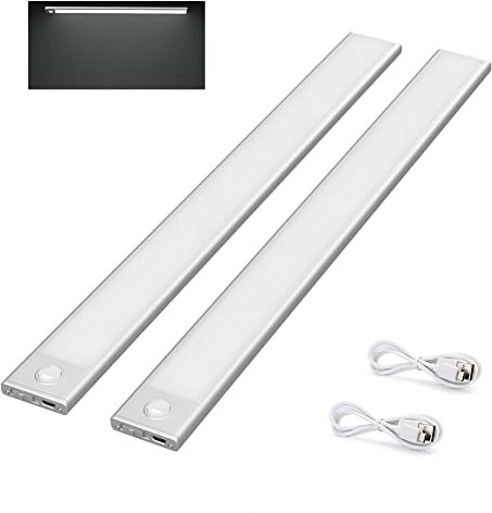 Klighten Luce Armadio 40cm 2 Pezzi, 73 LED 170 LM Luci Led Armadio a Batteria con Sensore, USB Ricaricabile Luce Notturna con Striscia Magnetica per Cucina Guardaroba, Bianco Freddo, Argento