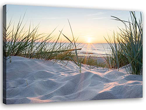 Feeby Leinwandbild XXL Gras Wandbild Kunst Sonnenuntergang Orange 120x80 cm