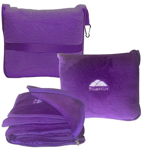 BlueHills Coperta da viaggio in morbido peluche di alta qualità, per aereo, dimensioni da viaggio, coperta da viaggio per lungo volo, essenziale in borsa compatta, aereo, portatile, leggera, viola