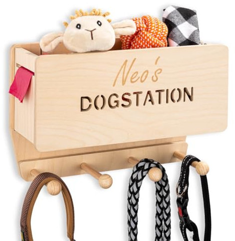 INEXTERIOR Hundegarderobe CLASSIC aus Holz - personalisierbar - in Deutschland handgefertigt - Aufbewahrung für Hundeleinen (Natur, Schriftzug Dogstation + Name)