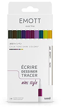 uni-ball Emott Uni Mitsubishi Pencil – 10 Filzstifte Calm-Tone Dark Colors – Schreiben, Zeichnen, Placer – 0,4 mm – Amethyst, Blau, Grün, Orchidee, Grau, Gelb, Braun, Weinrot, Khaki, Apfel, Violett