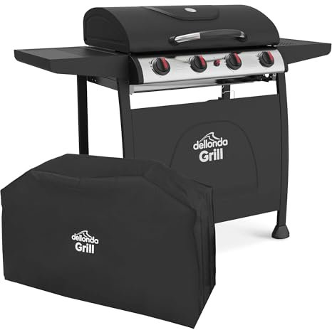 Dellonda 4 Burner Gas BBQ Grill with Piezo Ignition, Built-In Thermometer and Water Resistant PVC Cover, Black/Stainless Steel - DG229