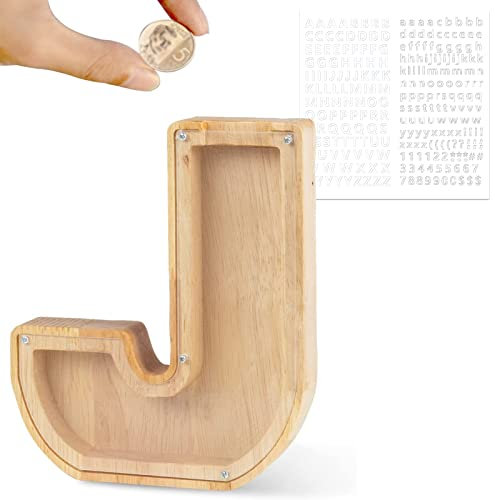 LEcylankEr Hucha para Niños, Huchas de Madera con Letras de A-Z, Personalizadas de Hucha con Transparente Decoración, Regalos Creativos de Huchas para Cumpleaños, Festivales (J)