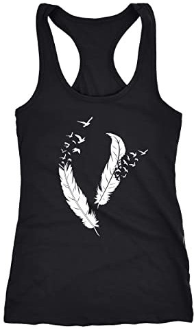 Neverless Damen Tank-Top Feder Vögel Racerback Trägertop Ringertop Sport-Top Trägershirt Feather Birds schwarz XS