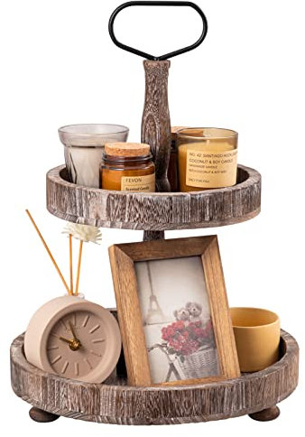 Bandeja de madera de dos niveles, bandeja redonda de madera de 2 niveles UBTKEY, decoración rústica para el hogar de la casa de campo para magdalenas, postres, frutas y buffet (marrón)