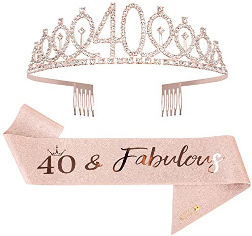Mikccer Rose Gold 40th Birthday Sash and 40 Birthday Tiara, Rhinestone Crown Headband for 40th Birthday Gifts, 40th Birthday Decoration Party Accessories for Women (De-08)