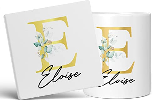 Taza de café de cerámica con letra E personalizada, con nombre, regalo personalizado, letra impresa con efecto dorado, no metálica, taza de café de cerámica para hombres o mujeres, taza extra grande