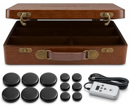 SereneLife Hot Stone Massage Set - mit Wärmegerät – 12 Basalt Massagesteine, Tragbare Heizbox mit Digitalem Temperaturregler für Spa, Entspannung und Muskelregeneration, Holzbraun