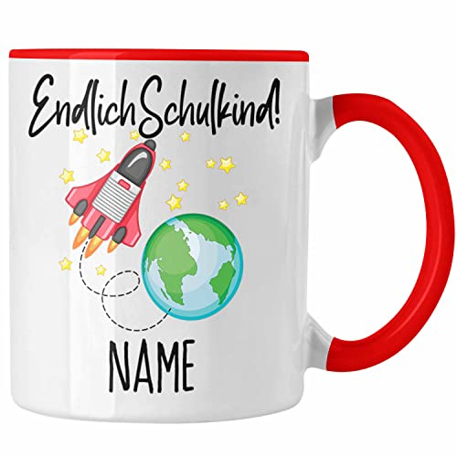 Trendation - Einschulung Tasse Personalisiert Geschenk 1. Schultag Namen Mädchen Jungs Kaffeetasse Becher (Rot)