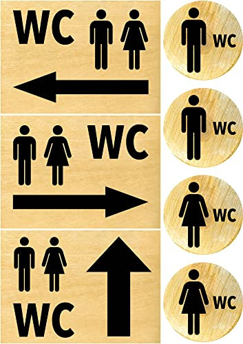Clever Pool Aufkleber WC Toiletten Set Damen + Herren Schild – wetterfest - Toilettenschild – Türschild – Folienschild – D = 148 mm, Hinweisschilder Holz rustikal (2 WC Herren-Damen+3 Pfeil Holz)