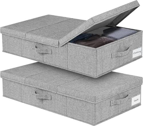 JUPELI Under Bed Storage Box with Lid – Foldable Sturdy Fabric Storage Solution with Reinforced Sidewalls & Bottom, Storage Box for Under Bed, Sofa & Top of Wardrobe Organisation,15 cm Tall (2 Pack)