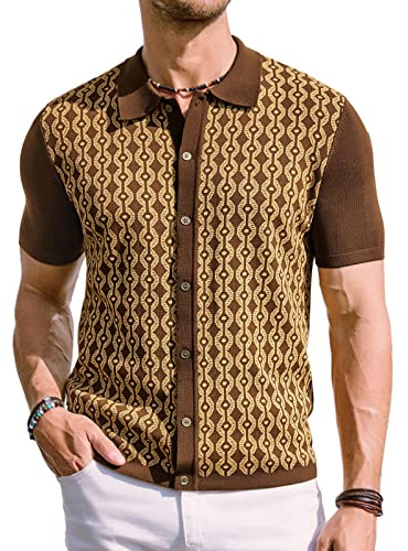 PJ PAUL JONES Herren Kontrast 70er Jahre Vintage Poloshirts Kurzarm Strickwaren, Braun, L
