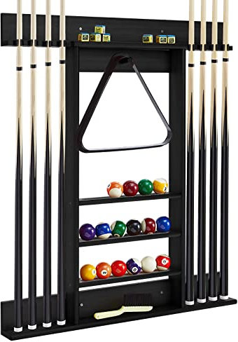 GYMAX Porte Queue Billard Mural avec 8 Trous Baton de Billard et 15 Porte-balles, Support de Queues de Billard en Bois en Pin pour Salle de jeu, Club, Bar(Noir)