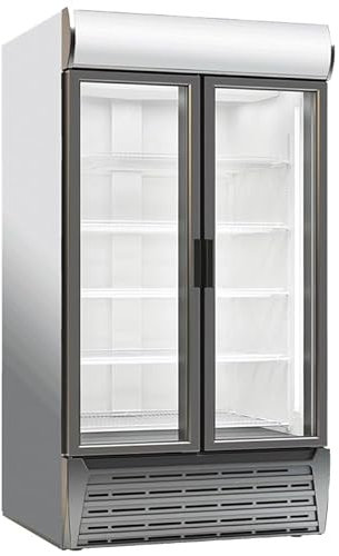 Réfrigerateur à Boissons Commercial 900 L Frigo Vitrine 2 portes battantes Température 0-10 ℃ Armoire à Boisson Réfrigérée Étagères Réglables et Caisson Lumineux serrure Supermarché Bar snack café