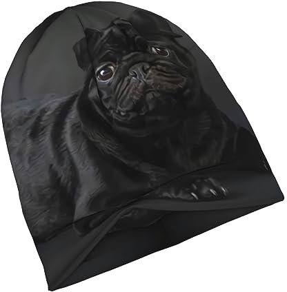 Funny Bigfoot Sasquatch Full Moon Slouchy Beanie für Damen und Herren, Hip-Hop, Baggy Skull Cap, modisch, dünn, Zwergstrickmütze, Schwarzer Mops, Einheitsgr��e