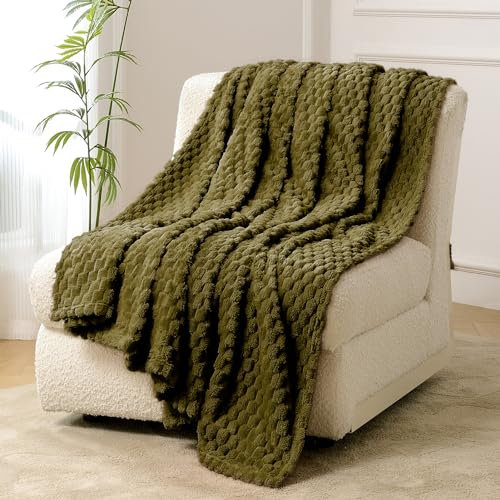 FY FIBER HOUSE Fleecedecke für Doppelbett, Couch, 300 g/m², superweich, flauschig, flauschige Decken und Überwürfe für Sofa, Bett, Büro, 152,4 x 203,2 cm, Olivgrün