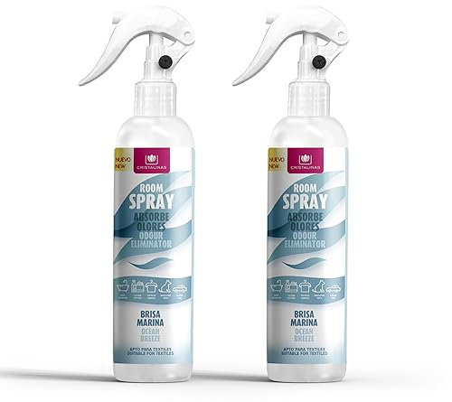 CRISTALINAS | Pack 2 Aerosol Ambientador Spray Pulverizador Absorbe Malos Olores | Para Casa, Cocina, Baño, Coche | Apto para Textiles | 2x250ml | No Contiene Gas (Brisa marina, 2x250ml)