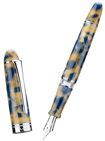 Asvine P50 Piston Fountain Pen Bock Broad Nib Brown Marble Resin, Silver Trim Smooth Writer Collection with Pen Case Gift Set