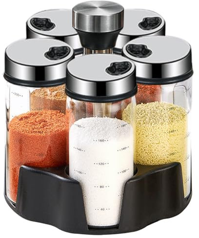 TINMIX Drehbarer Gewürzregal-Organizer, rotierendes Gewürzhalter-Regal mit 5 großen 200-ml-Glasgefäßen für Küchenaufsatzschrank