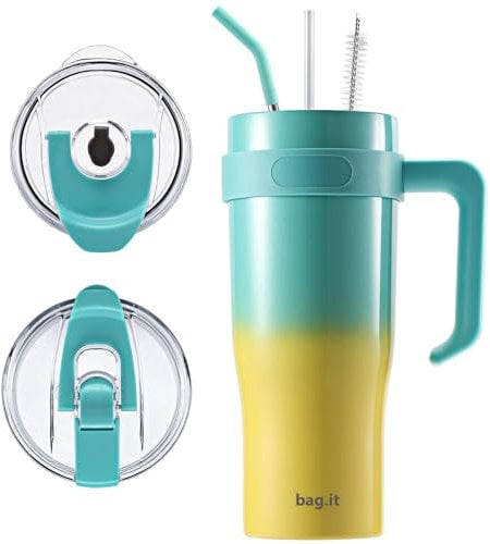 BAG.IT Travel Mug with Straw and Lid, Tumbler with Handle, Stainless Steel Travel Flask with Straws & Lids | Leak Proof Coffee Stanle Cup for Hot or Iced Drink (Tropical, 30 oz)