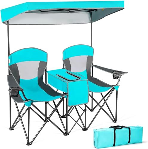 Giantex Chaises Pliantes, Chaises de Camping 2 Places avec Parasol Amovible, Mini Table et Sac Isotherme, Chaises Spacieux pour Pique-Nique, Plage et Pêche, Charge 120KG Chaque Siège (Turquoise)