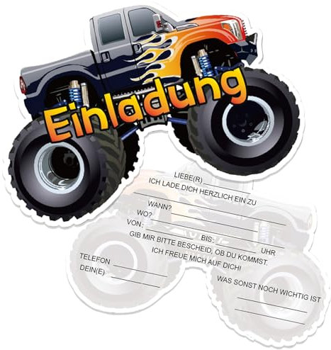 Werfunee - 12er Einladungskarten Kindergeburtstag Junge - 15 x 10.5 cm Bigfoot-Buggy Einladungskarten Geburtstag - Einladung Kindergeburtstag Junge - Geburtstagseinladungen Junge