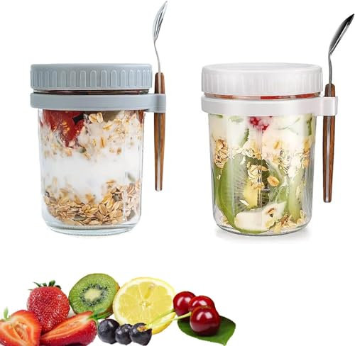 WSAMJIN 2Pcs Overnight Oats Container, 350ML Reusable Yogurt Pots with Lid and Spoon Breakfast Pot Muesli Fruit Salad Cup Travel Food Container 100% BPA Free (White and Grey)