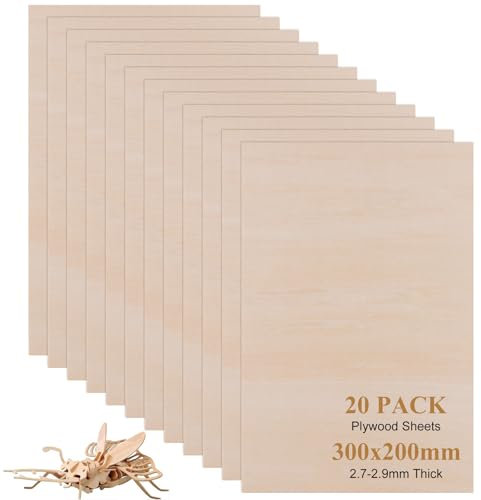 SHUESS 20 Pcs Plywood Sheets - 300 x 200mm Unfinished Basswood Sheet Board - 3 mm Thick Wood Sheets for Wood Engraving, Crafts, Painting, Engraving, Stenciling, Home Decor